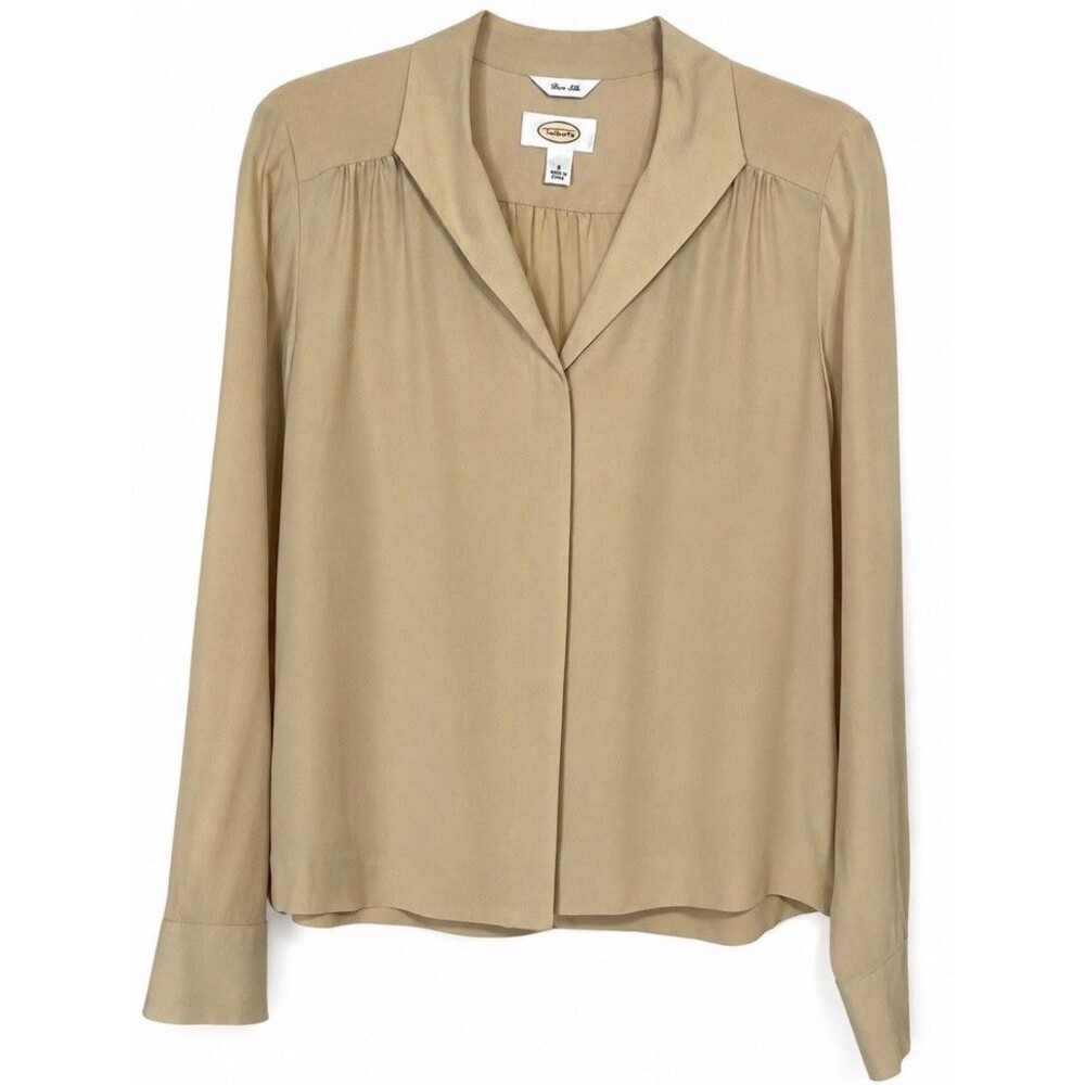 TALBOTS Vintage Pure Silk Blouse Women’s 8 Beige Tan Quiet Luxury Minimalist